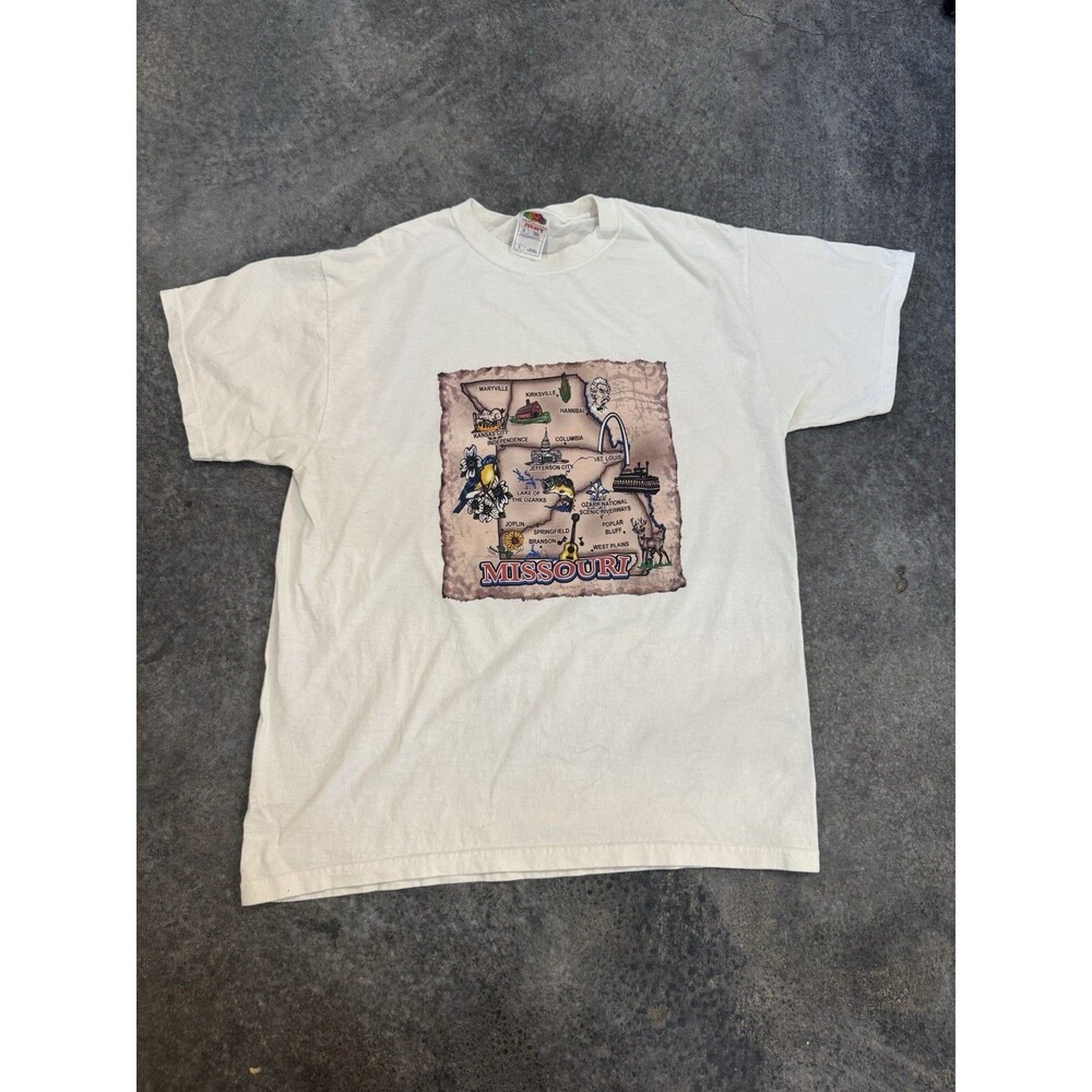 Vintage Missouri Map Shirt Mens Large White Show Me State Fruit Loom USA 90s Tee